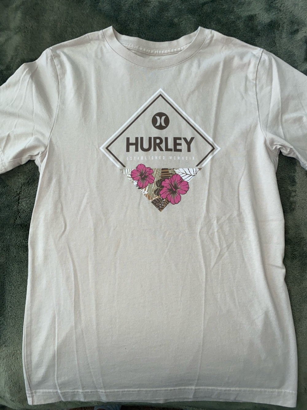 Hurley Light Beige Tee with Pink Floral Logo